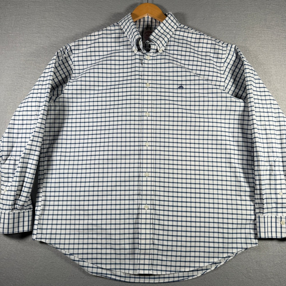 Brooks Brothers Mens XL Traditional Fit Non-Iron Stretch Check Shirt Navy‎ White